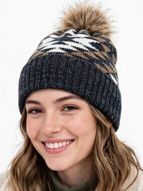 NWT L.I.B. New York Women’s Beanie Hat Aztec Geo Knit Faux Fur Pom Pom Cuffed